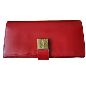 YSL Yves Saint Laurent Red Patent Leather long wallet with gold hardware